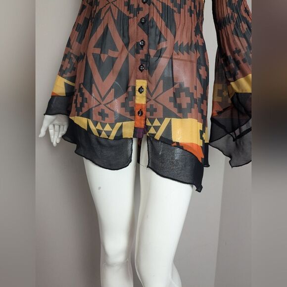 Point Zero Nicole Benisti Vintage Sheer Blouse – Tribal Print Pleated Top – Size - Picture 9 of 12